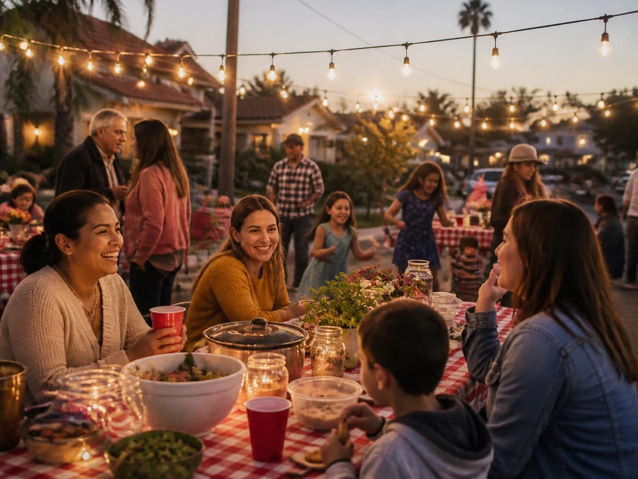 Neighbors sharing dinner under string lights at a block gathering