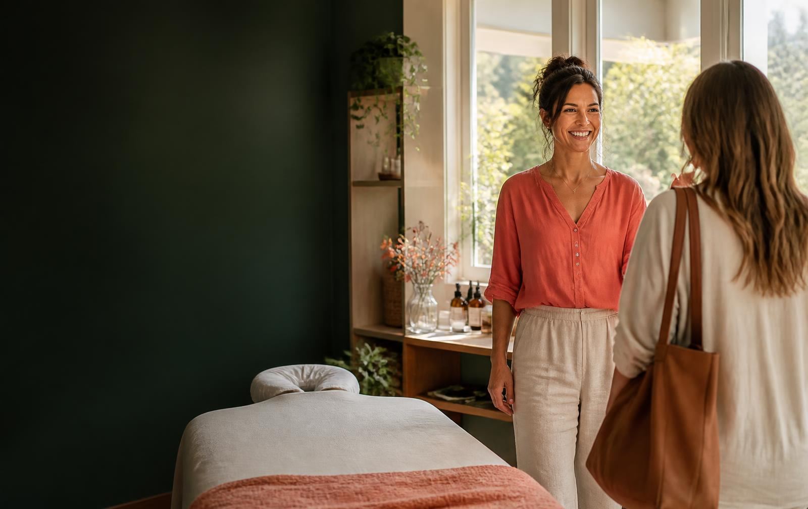 A local wellness business owner welcoming a client into her studio