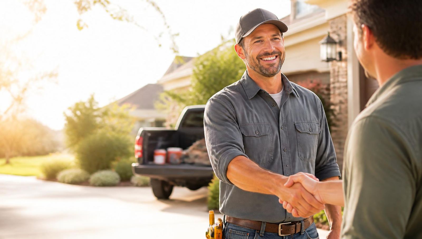 A local contractor shaking hands with a neighbor in a sunny driveway