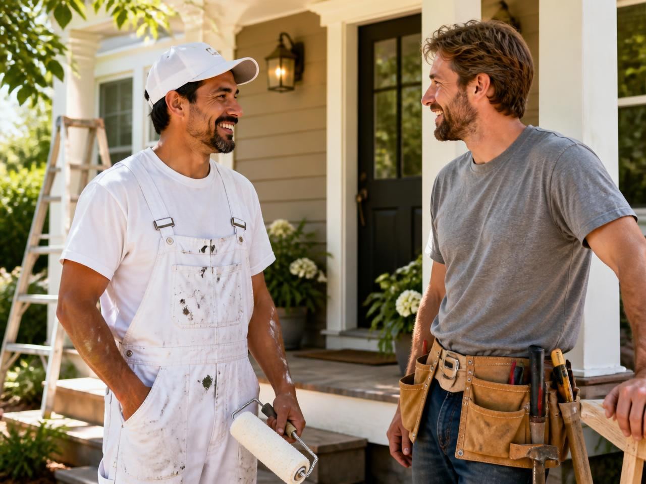 Two neighborhood tradespeople talking on a sunny front porch